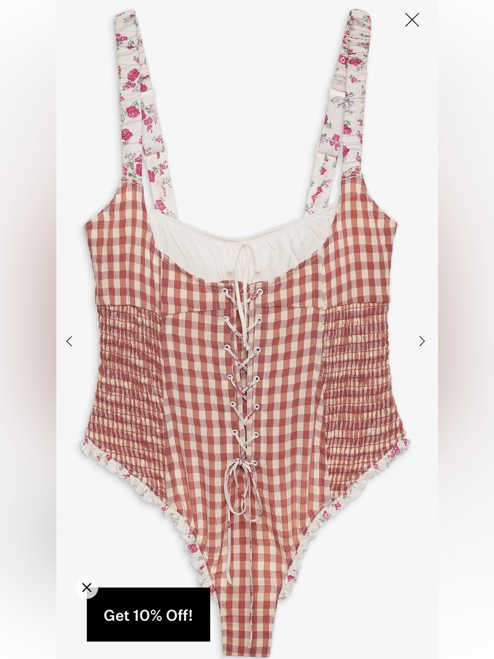 For Love & Lemons Red and Cream Gingham Lace-Up Bodysuit Georgia Bodysuit size L - Picture 4 of 12